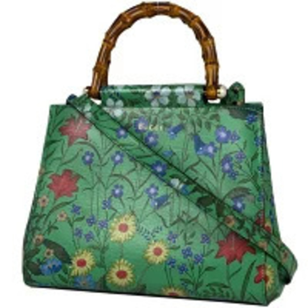 Gucci Flora Flower Tote Bag Shoulder Bamboo Flower Leather Green
